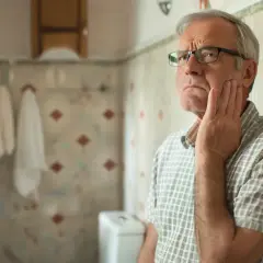 Starszy mężczyzna w okularach trzyma się za policzek, cierpiąc z powodu bólu zęba. Szuka ulgi, być może antybiotyk na ból zęba pomoże.