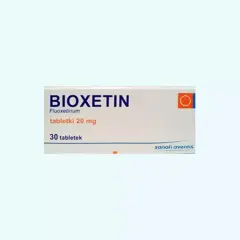 Opakowanie leku BIOXETIN, zawierającego 30 tabletek po 20 mg fluoksetyny. To lek, który może pomóc w leczeniu depresji, podobnie jak seronil.