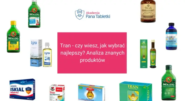 Różnorodne produkty z tranem dla dzieci i dorosłych, w tym płyny i kapsułki, z hasłem "Tran - czy wiesz, jak wybrać najlepszy?".