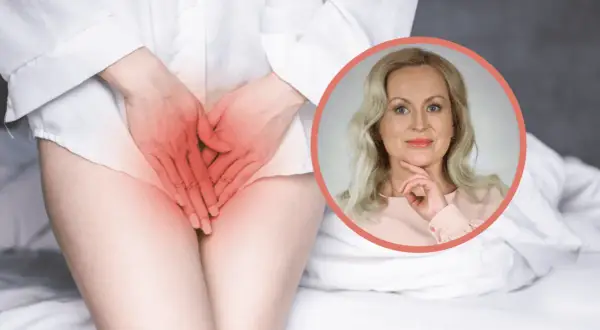 Kobieta z rękami na podbrzuszu, gdzie widoczne jest zaczerwienienie, sugerujące ból lub dyskomfort. Obok portret uśmiechniętej kobiety. Rzeżączka objawy mogą być różne.