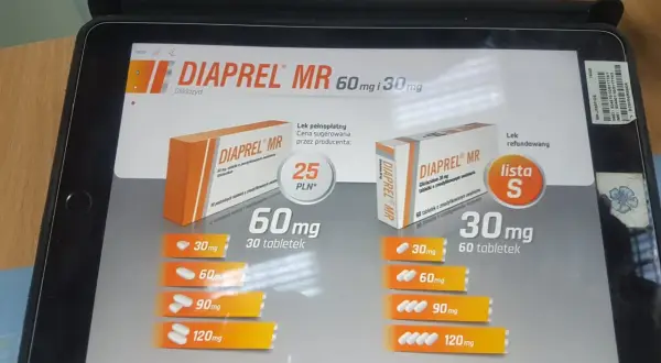 Na ekranie tabletu widoczna jest reklama leku DIAPREL MR z gliklazydem, prezentująca różne dawki i opakowania.