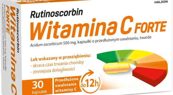 Opakowanie Rutinoscorbin Witamina C Forte, 30 kapsułek o przedłużonym uwalnianiu, wsparcie w przeziębieniu.