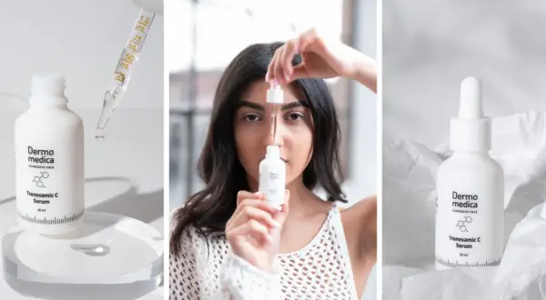Kwas traneksamowy w serum Dermo Medica. Kobieta aplikuje produkt, który rozjaśnia skórę.