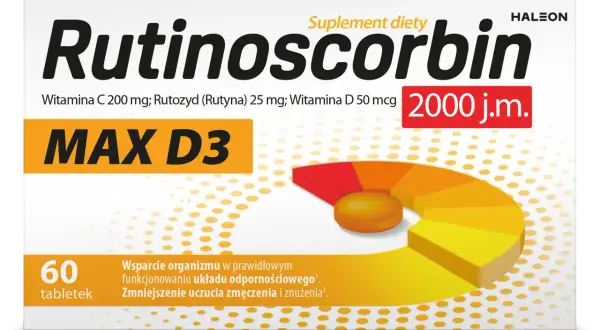 Rutinoscorbin MAX D3, 60 tabletek. Witamina C, rutozyd, witamina D 2000 j.m. Wsparcie odporności. Sprawdź rutinoscorbin dawkowanie.