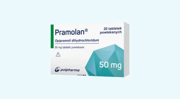 Opakowanie leku Pramolan 50 mg. Przed zastosowaniem należy zapoznać się z ulotką, by poznać potencjalne pramolan skutki uboczne.