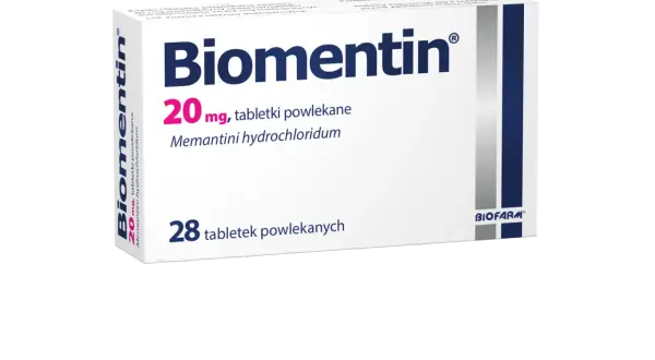 Opakowanie leku Biomentin 20 mg, zawierające 28 tabletek powlekanych z memantyny chlorowodorkiem.