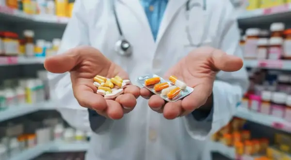 Farmaceuta w białym fartuchu trzyma w dłoniach tabletki i kapsułki w blistrze.