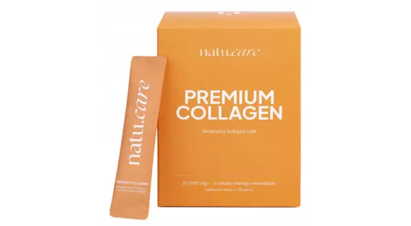 Opakowanie i saszetka z napisem "PREMIUM COLLAGEN" o smaku mango-marakui. Zawiera 10 000 mg tropokolagenu rybiego w porcji.