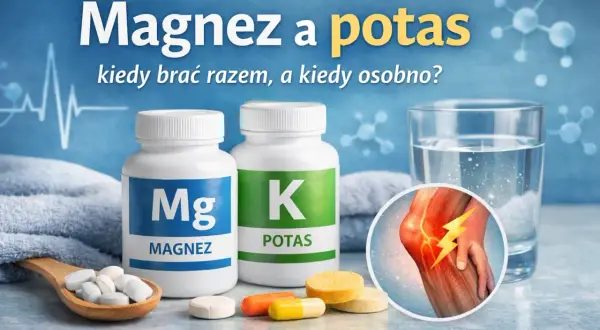 Magnez i potas w tabletkach, obok szklanki wody i grafiki bolącego kolana. Kiedy warto je brać razem?