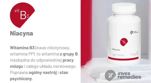 Niacyna, suplement diety z witaminą B3, wspiera pracę mózgu i układu nerwowego, poprawiając nastrój.