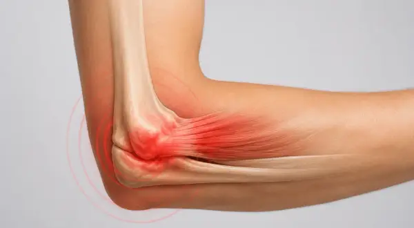 Anatomical view of an elbow joint showing inflammation and pain. Red highlights indicate the area of discomfort, suggesting a potential **ból łokcia**.