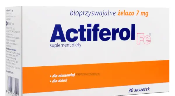 Opakowanie suplementu diety Actiferol z bioprzyswajalnym żelazem 7 mg, przeznaczone dla niemowląt i dzieci. Zawiera 30 saszetek.