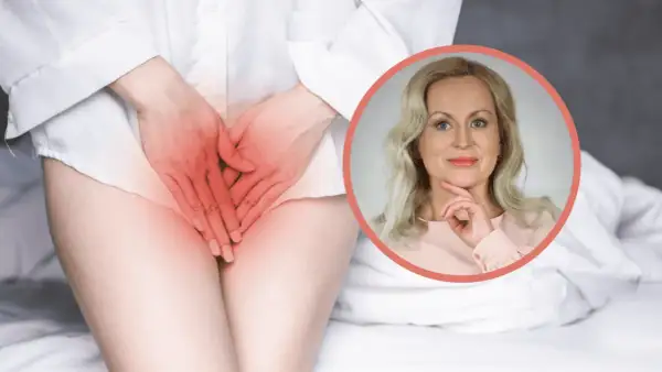 Kobieta z rękami na podbrzuszu, gdzie widoczne jest zaczerwienienie, sugerujące ból lub dyskomfort. Obok portret uśmiechniętej kobiety. Rzeżączka objawy mogą być różne.