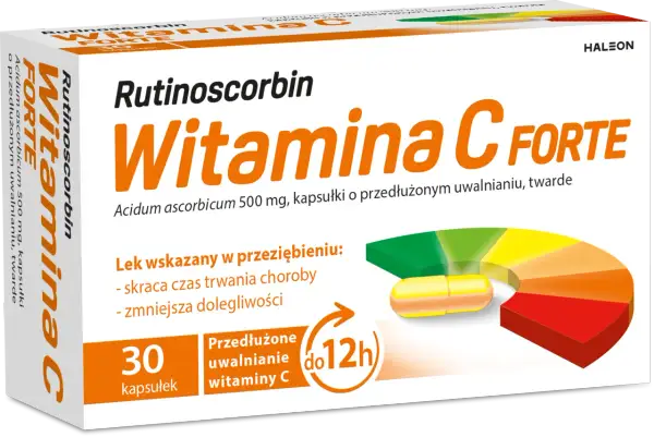 Opakowanie Rutinoscorbin Witamina C Forte, 30 kapsułek o przedłużonym uwalnianiu, wsparcie w przeziębieniu.