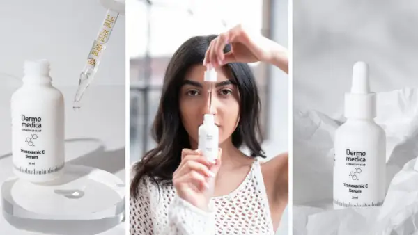 Kwas traneksamowy w serum Dermo Medica. Kobieta aplikuje produkt, który rozjaśnia skórę.