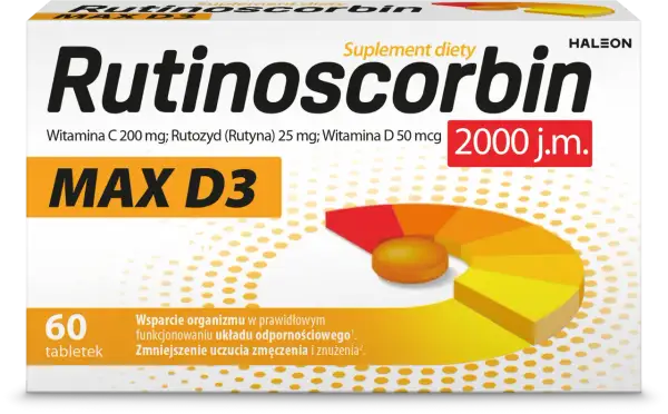 Rutinoscorbin MAX D3, 60 tabletek. Witamina C, rutozyd, witamina D 2000 j.m. Wsparcie odporności. Sprawdź rutinoscorbin dawkowanie.