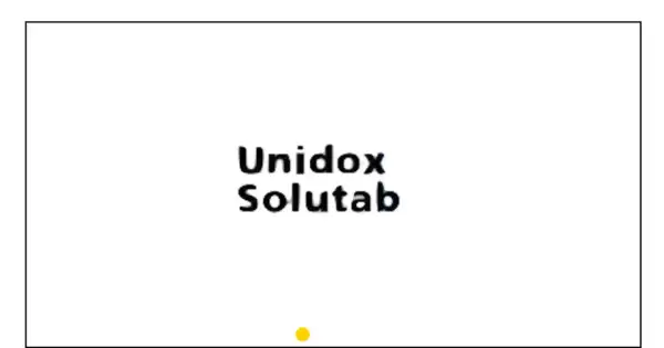 Napis "Unidox Solutab" na białym tle. Mały żółty okrąg na dole.