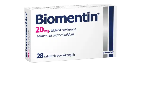Opakowanie leku Biomentin 20 mg, zawierające 28 tabletek powlekanych z memantyny chlorowodorkiem.