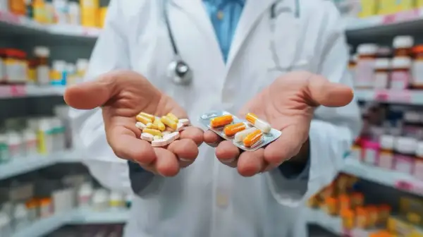 Farmaceuta w białym fartuchu trzyma w dłoniach tabletki i kapsułki w blistrze.