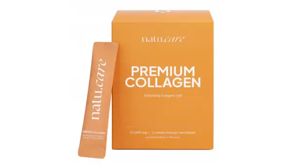 Opakowanie i saszetka z napisem "PREMIUM COLLAGEN" o smaku mango-marakui. Zawiera 10 000 mg tropokolagenu rybiego w porcji.