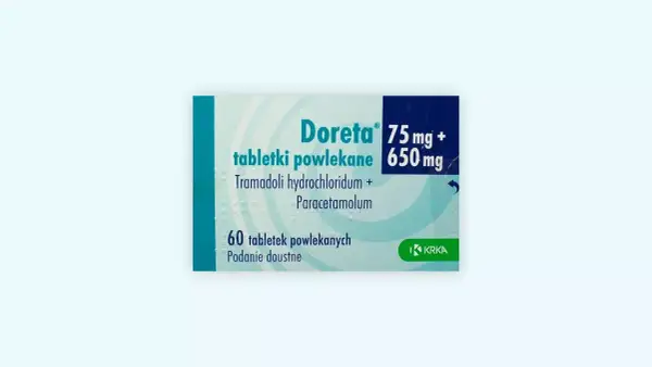 Opakowanie leku Doreta na co? Tabletki powlekane z tramadolem i paracetamolem, 60 sztuk.