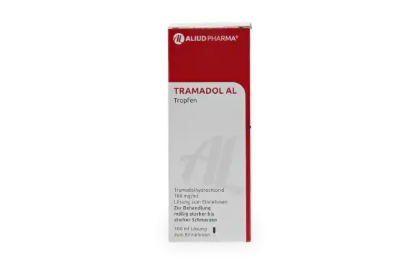 Opakowanie leku Tramadol AL Tropfen, 100 mg/ml, 100 ml. Pomaga na umiarkowany i silny ból.