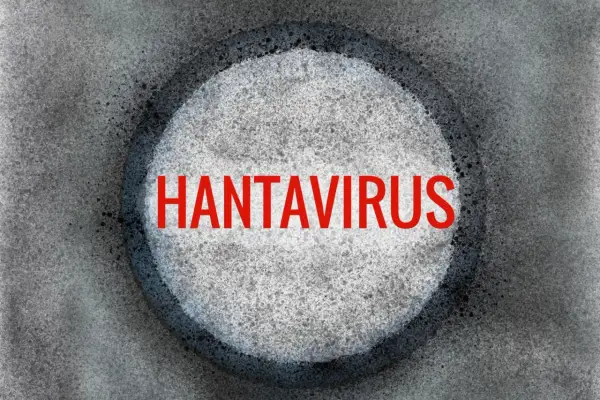 Czerwony napis "HANTAWIRUS" na tle okręgu z szarym, ziarnistym wzorem.