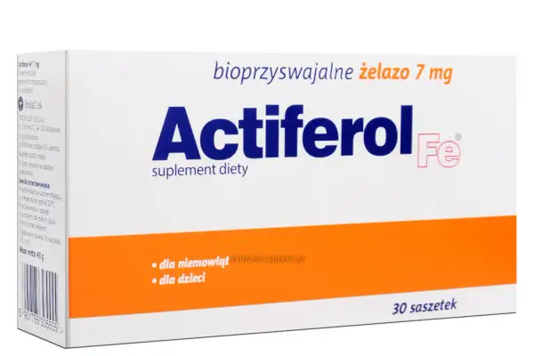 Opakowanie suplementu diety Actiferol z bioprzyswajalnym żelazem 7 mg, przeznaczone dla niemowląt i dzieci. Zawiera 30 saszetek.